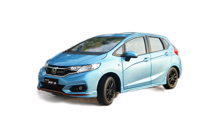Original factory authentic 1:18 Honda FIT 2018 sport Jazz blue/green hatchback diecast car model for gift, toys, collection