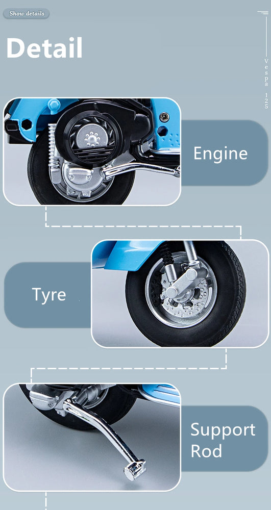Original 1:10 Vespa 125 Classics Motorcycle Model Alloy Scooter Off Road Autocycle Simulation Collectibles for Gift, Toys