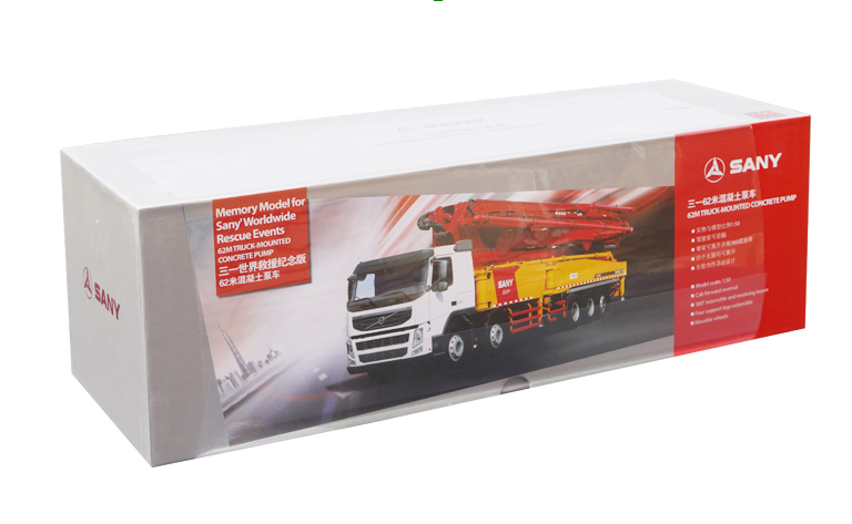 High-Fidelity 1:50 SANY Volvo 62M Diecast Concrete Pump Truck Model - Alloy Volvo Engineering Vehicle with Extendable Boom & Rotating Cabin