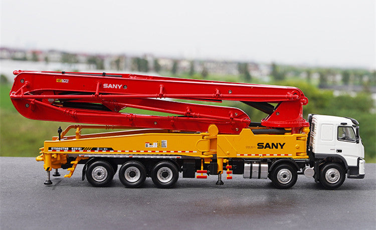 High-Fidelity 1:50 SANY Volvo 62M Diecast Concrete Pump Truck Model - Alloy Volvo Engineering Vehicle with Extendable Boom & Rotating Cabin