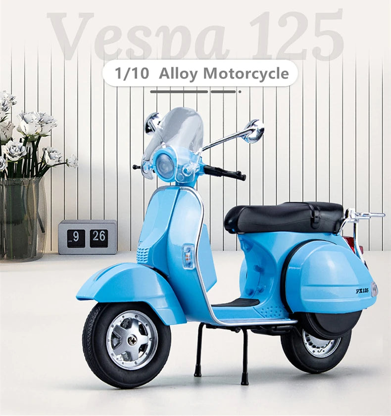 Original 1:10 Vespa 125 Classics Motorcycle Model Alloy Scooter Off Road Autocycle Simulation Collectibles for Gift, Toys